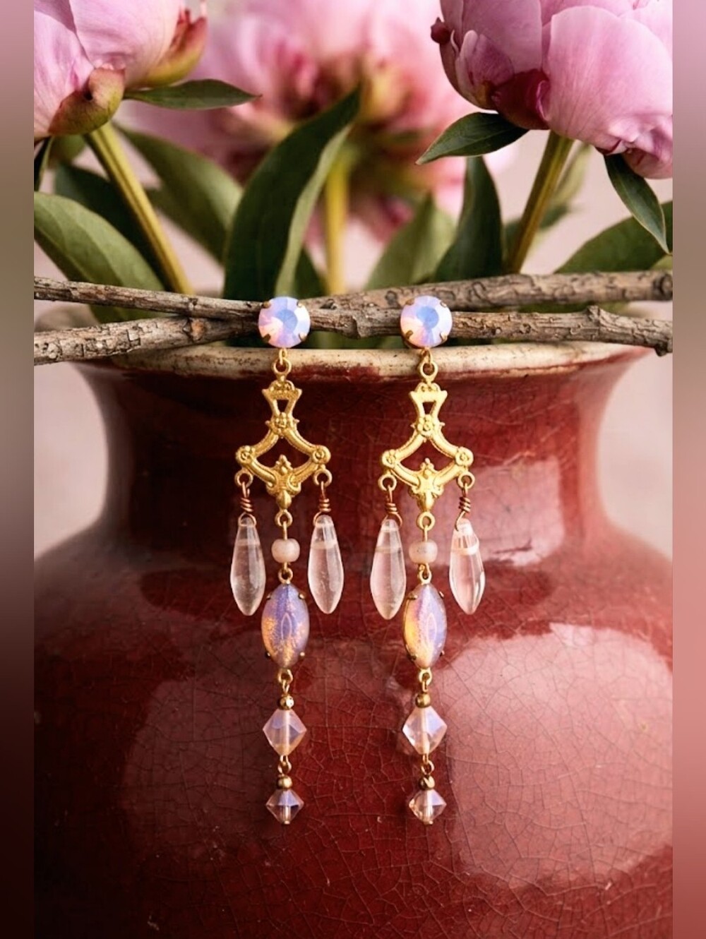 Victorian Pink Fire Opal Glass & Crystal Chandelier Long Earrings In Gold Plated